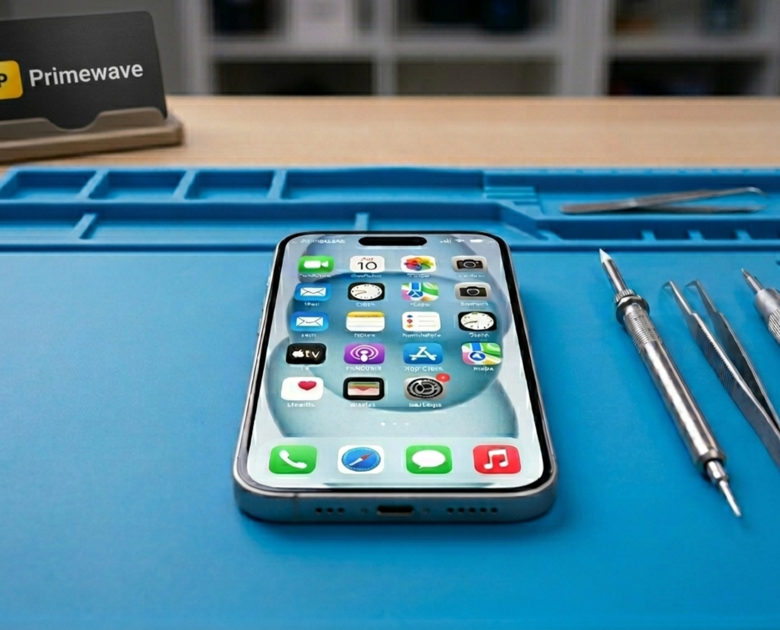 Premium iPhone in titanium finish on minimalist surface